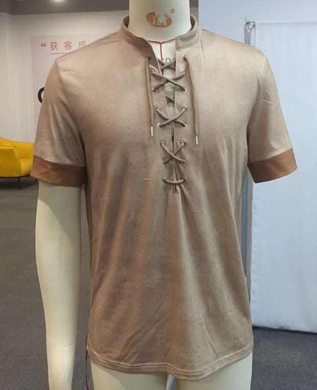 Mens Retro Lace Up T-shirt with vintage style and modern comfort in khaki color.
