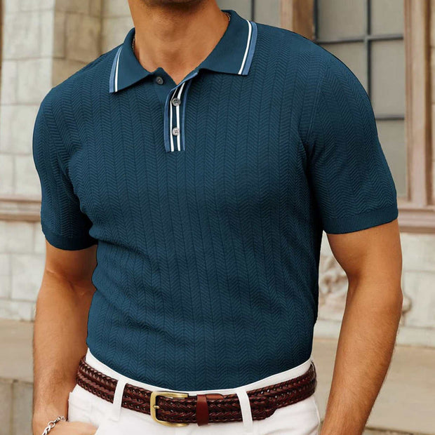 Men's casual short sleeve sweater in sapphire blue with a classic design and white collar accents.