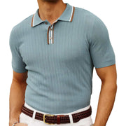 Men's casual short sleeve sweater in light blue, featuring solid color pattern and textured design.