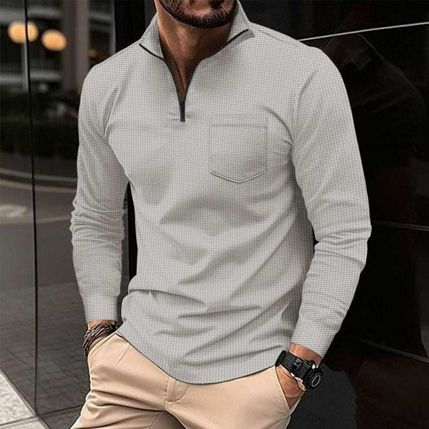 Waffle Sports Polo Shirt with long sleeves and zipper decoration in gray, perfect for casual and athletic wear.