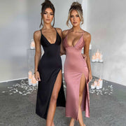 Bodycon Spaghetti Strapless Dress in black and light purple with thigh-high slits, perfect for elegant occasions.