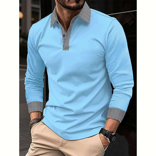 Sky blue long-sleeve polo shirt with plaid collar.