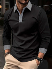 Long-Sleeve Polo Shirt in black with plaid pattern and sophisticated long-sleeve design.
