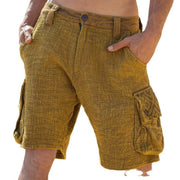 Mens casual linen shorts with pockets, breathable fabric, Harajuku style.