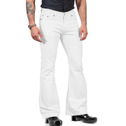 White mens bell-bottom pants with fitted thigh and dramatic flare.