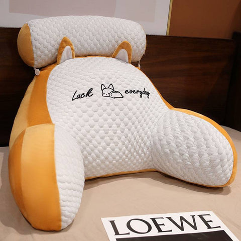 Fluffy Sofa Cushion Pillow in orange and white with embroidered text, providing ergonomic arm and back support.