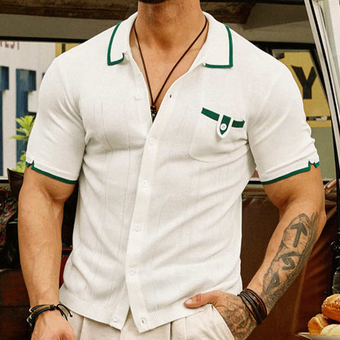 White short-sleeve pocket sweater with green trim and classic silhouette.