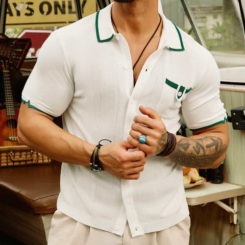 Mens white pocket sweater with green accents, short sleeves, crafted from soft TENCEL fabric.