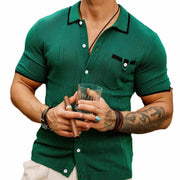 Mens Pocket Sweaterr with short sleeves, TENCEL fabric, and button-up design.