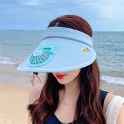 UV protection fan hat for women with wide brim, integrated fan, and sun visor design, perfect for outdoor activities.