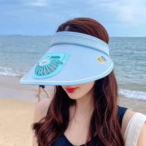 UV protection fan hat for women with wide brim, integrated fan, and sun visor design, perfect for outdoor activities.