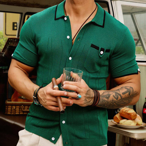 Mens green pocket sweater with short sleeves, featuring a classic silhouette and buttoned front.