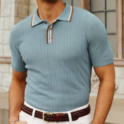 Casual short sleeve sweater in light blue with a classic design, suitable for summer leisure occasions.