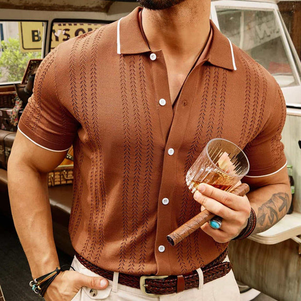 Men's solid brown knitted button-down shirt with short sleeves, ideal for business or leisure.