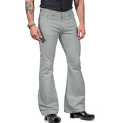 Me's bell-bottom pants in light gray with a fitted design and dramatic flare; retro-inspired fashion.