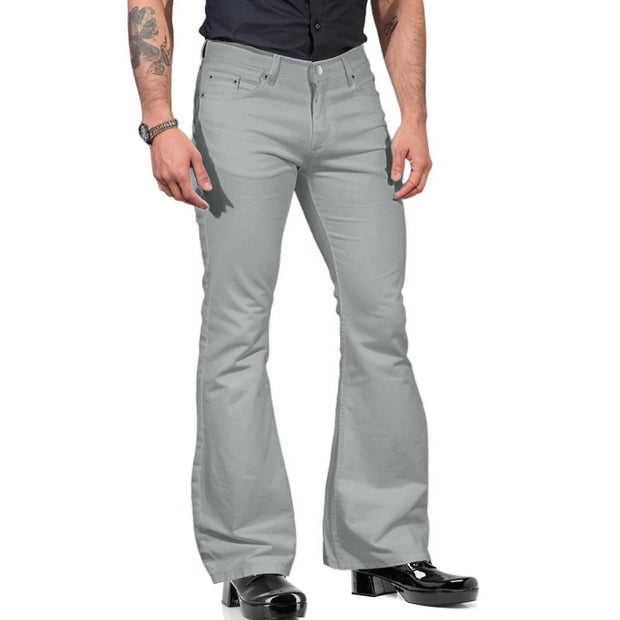 Me's bell-bottom pants in light gray with a fitted design and dramatic flare; retro-inspired fashion.