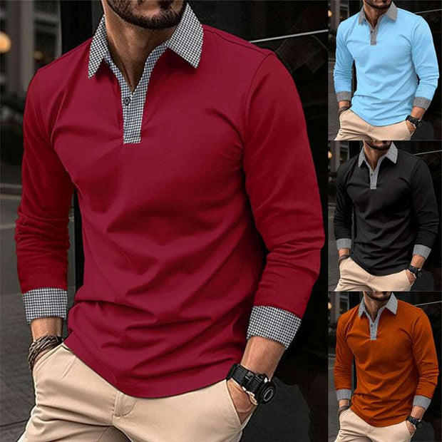 Plaid long-sleeve polo shirt for men in various colors including red, blue, and black.