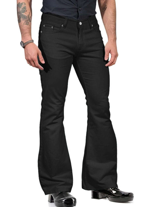 Mens black bell-bottom pants with fitted thighs and flared legs.