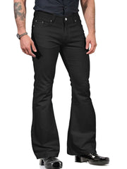 Mens black bell-bottom pants with fitted thighs and flared legs.