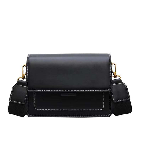Black Square Chain Shoulder Bag with gold chain strap, modern design, compact size.