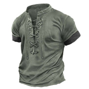 Mens Retro Lace Up T-shirt in army green, featuring vintage design with a crew neck and breathable fabric.