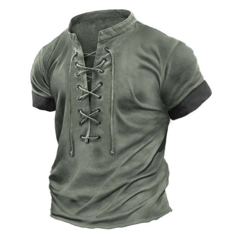 Mens Retro Lace Up T-shirt in army green, featuring vintage design with a crew neck and breathable fabric.