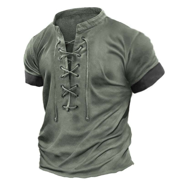 Mens Retro Lace Up T-shirt in army green, featuring vintage design with a crew neck and breathable fabric.