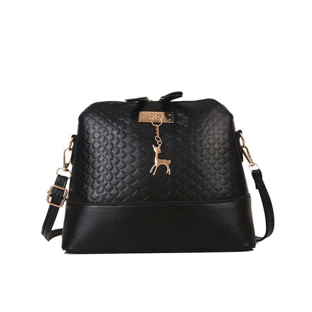 Womens Mini Portable Handbag in black with telescopic handle and shoulder strap, stylish PU material.