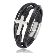 Mens chakra bracelet with leather bands, cross charm, and stainless steel clasp.
