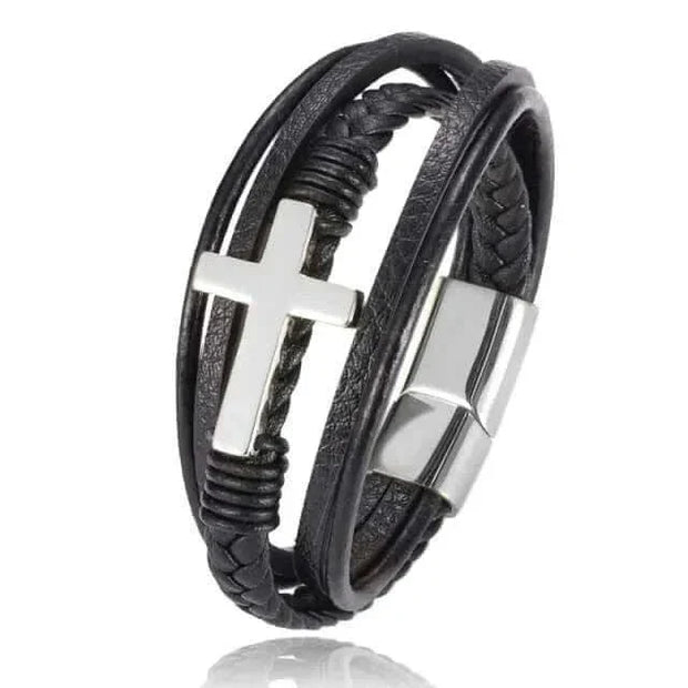 Mens chakra bracelet with leather bands, cross charm, and stainless steel clasp.