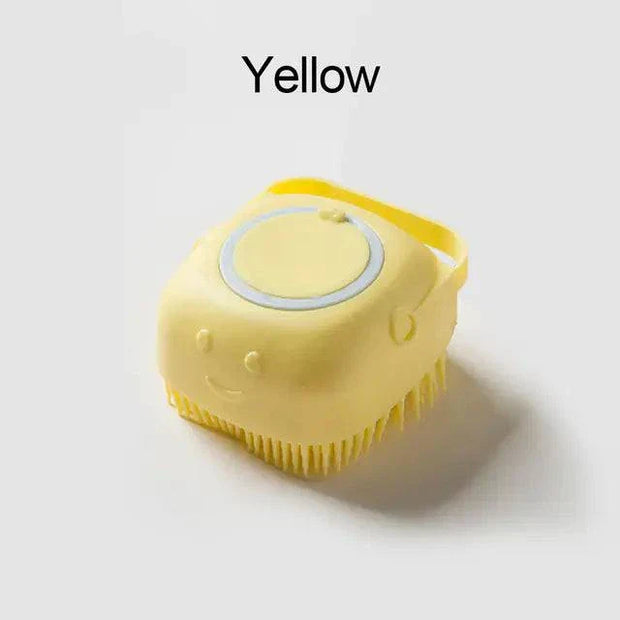 Soft Silicone Dog Brush in yellow with built-in shampoo dispenser for gentle pet grooming.