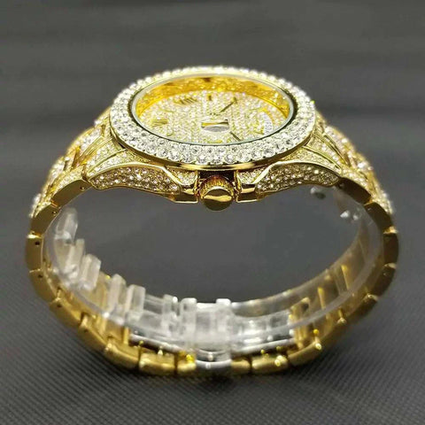 Luxury crystal watch for men with gold accents and sparkling embellishments.
