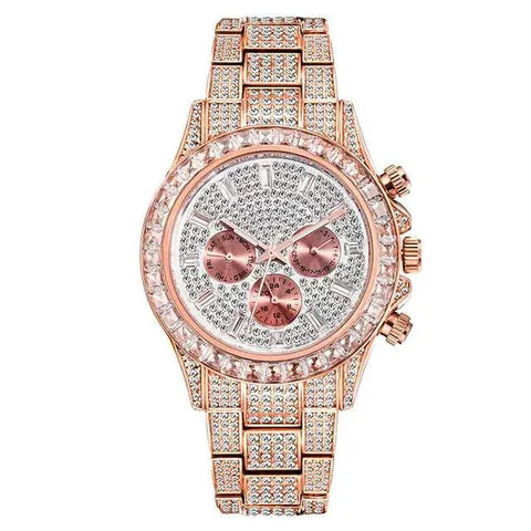 Luxurious Diamond Calendar Watch with sparkling diamonds and calendar display.