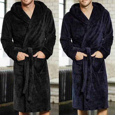 Mens bathrobe with adjustable belt and pockets, available in dark colors; ideal for cozy loungewear.