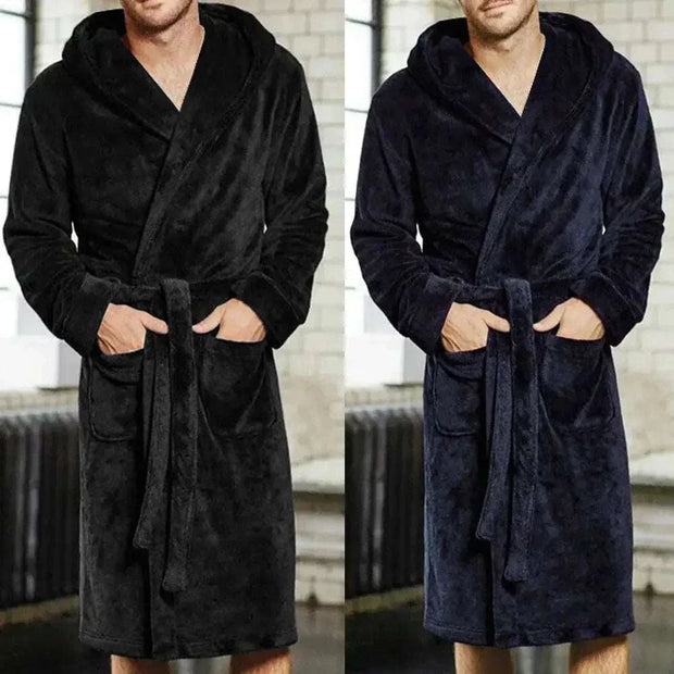 Mens bathrobe with adjustable belt and pockets, available in dark colors; ideal for cozy loungewear.