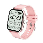 Fitness Tracker Smart Watch with color touch screen and pink strap.