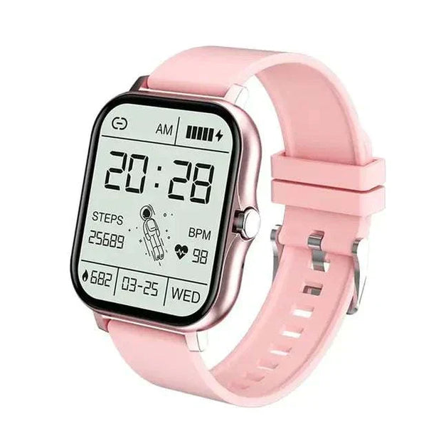Fitness Tracker Smart Watch with color touch screen and pink strap.