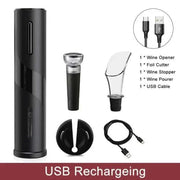 Automatic wine bottle opener set with accessories and USB charging cable.