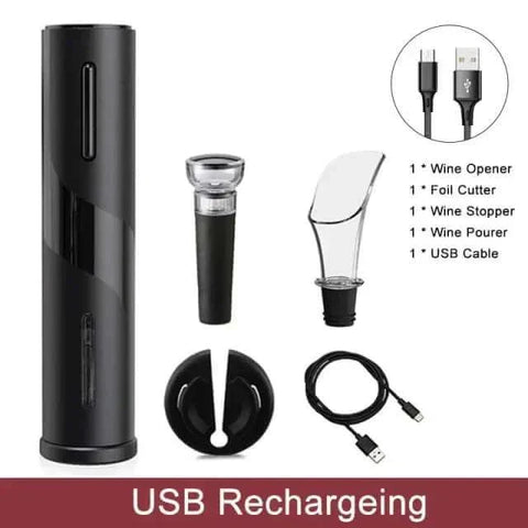 Automatic wine bottle opener set with accessories and USB charging cable.