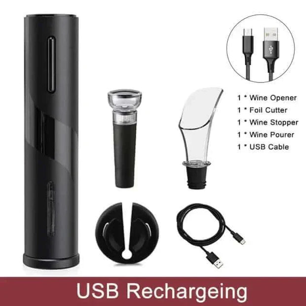 Automatic wine bottle opener set with accessories and USB charging cable.