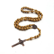 Hand-made Wooden Rosary Necklace with natural wooden beads and detailed cross pendant, ideal for prayer and reflection.