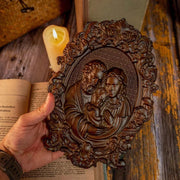 Religious Holy Family wooden icon showcasing Jesus, Mary, and Joseph intricately carved from high-quality wood, symbolizing faith and unity.