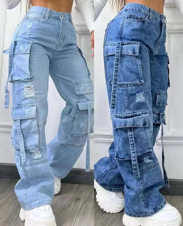 High-waist denim trousers with multi-pockets in light and dark blue, showcasing a trendy, practical design for young women.