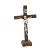 Wooden Jesus Cross with Stand featuring intricate design and a warm finish, ideal for home and office decor.