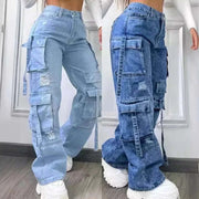 High-waist denim trousers with multi-pockets, featuring a trendy design and flattering fit for women.
