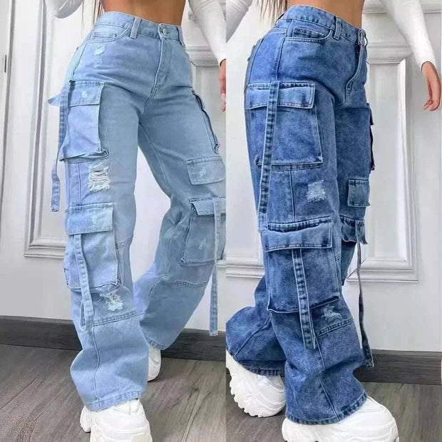 High-waist denim trousers with multi-pockets, featuring a trendy design and flattering fit for women.