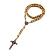 Hand-made Wooden Rosary Necklace with round wooden beads and detailed cross pendant.