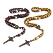 Hand-made Wooden Rosary Necklace with cross pendant, natural wooden beads, and artisan craftsmanship.