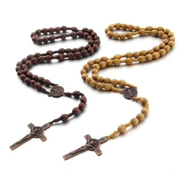 Hand-made Wooden Rosary Necklace with cross pendant, natural wooden beads, and artisan craftsmanship.
