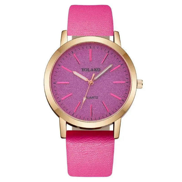 Elegant Full Star Women's Watch with pink leather band and purple dial, featuring sleek design and quartz movement.